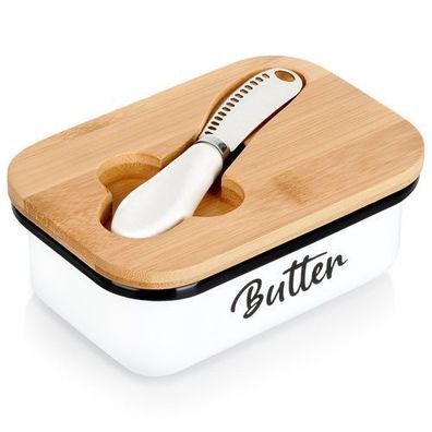 Weiße Metall-Butterdose mit Bambusdeckel und Messer