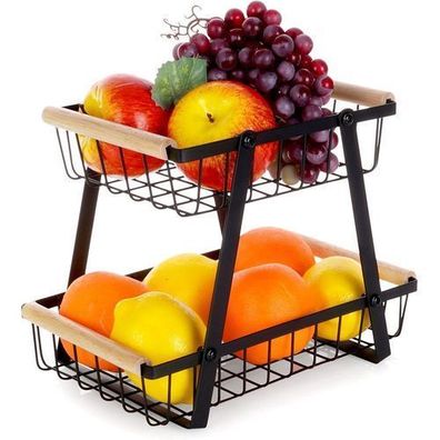 Schwarzer Obstkorb aus Metall, 2-stöckig