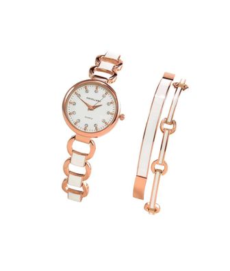 3-Tlg. Set, Armbanduhr + 2 Armreifen, rosé-weiß