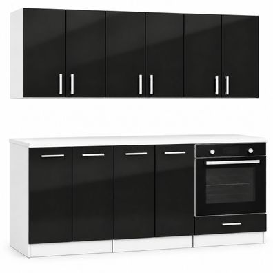 ROE Furniture Küchenzeile 180 cm Schwarz Hochglanz ohne Arbeitsplatte 6 Schränke