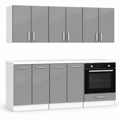ROE Furniture Küchenzeile 180 cm Grau Hochglanz ohne Arbeitsplatte 6 Schränke