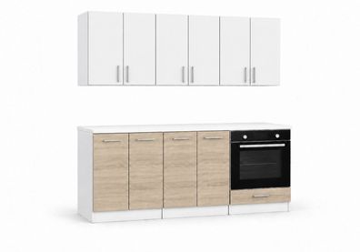 ROE Furniture Küchenzeile 180 cm Sonoma hell/Weiß matt ohne Arbeitsplatte 6 Schränke