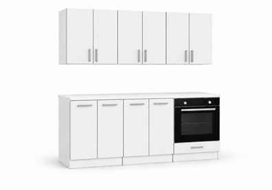 ROE Furniture Küchenzeile 180 cm Weiß matt mit Arbeitsplatte 6 Schränke