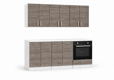 ROE Furniture Küchenzeile 180 cm Sonoma dunkel mit Arbeitsplatte 6 Schränke