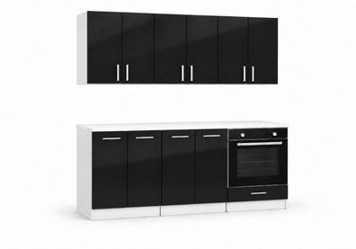 ROE Furniture Küchenzeile 180 cm Schwarz Hochglanz mit Arbeitsplatte 6 Schränke