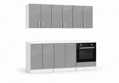 ROE Furniture Küchenzeile 180 cm Grau Hochglanz mit Arbeitsplatte 6 Schränke