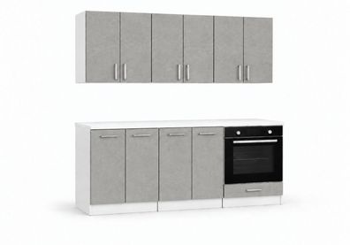 ROE Furniture Küchenzeile 180 cm Betonoptik mit Arbeitsplatte 6 Schränke