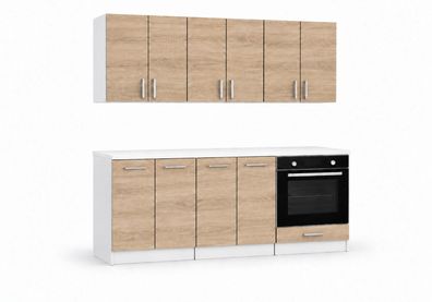 ROE Furniture Küchenzeile 180 cm Sonoma hell mit Arbeitsplatte 6 Schränke