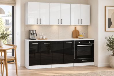 ROE Furniture Küchenzeile 180 cm Schwarz/Weiß Hochglanz mit Arbeitsplatte 6 Schränke