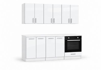 ROE Furniture Küchenzeile 180 cm Weiß Hochglanz mit Arbeitsplatte 6 Schränke