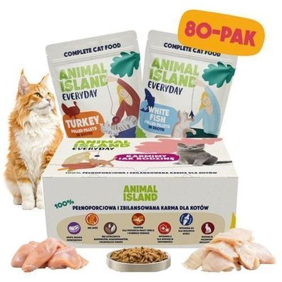 ANIMAL ISLAND Nassfutter für Katzen, Truthahn/Weißfisch, 80 x 85 g