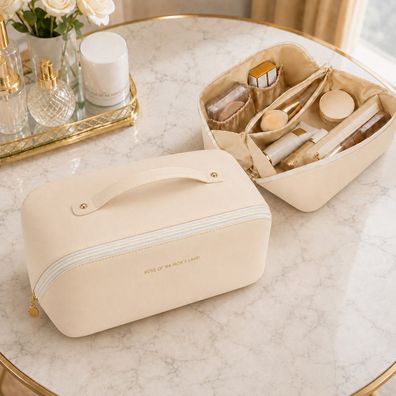 Kosmetiktasche Beige M mit Pinselfächern | Make-up Tasche | Kosmetik-Organizer Tasche