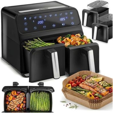 Heißluftfritteuse XXL 8l Doppelkammerfritteuse Berdsen BD-653 schwarz und silber