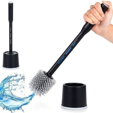 Silikon-Toilettenbürste mit Ständer und Flüssigkeitsspender, schwarz, 40 cm