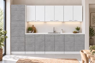 Küchenzeile 300 cm Betonoptik/Weiß Matt 8 Schränke mit/ohne Arbeitsplatte