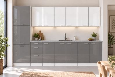 Küchenzeile 300 cm Grau/Weiß Hochglanz mit/ohne Arbeitsplatte