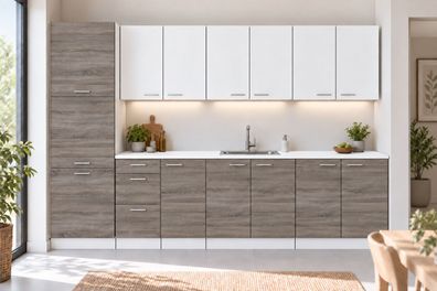 Küchenzeile 300 cm Sonoma Dunkel/Weiß Matt mit/ohne Arbeitsplatte