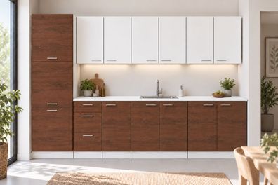 Küchenzeile 300 cm Eiche Bordeaux/Weiß Matt mit/ohne Arbeitsplatte