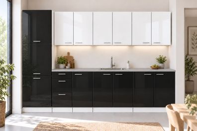 Küchenzeile 300 cm Schwarz/Weiß Hochglanz mit/ohne Arbeitsplatte