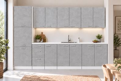 Küchenzeile 300 cm Betonoptik 8 Schränke mit/ohne Arbeitsplatte