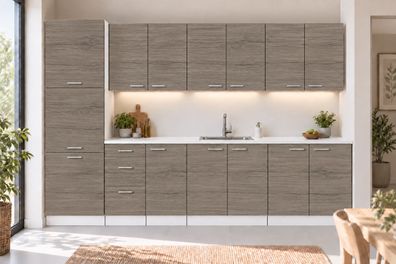 Küchenzeile 300 cm Sonoma Dunkel 8 Schränke mit/ohne Arbeitsplatte
