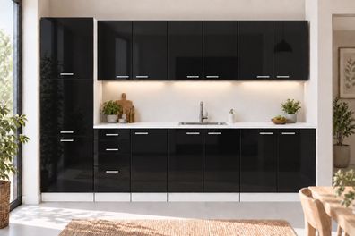 Küchenzeile 300 cm Schwarz Hochglanz 8 Schränke mit/ohne Arbeitsplatte