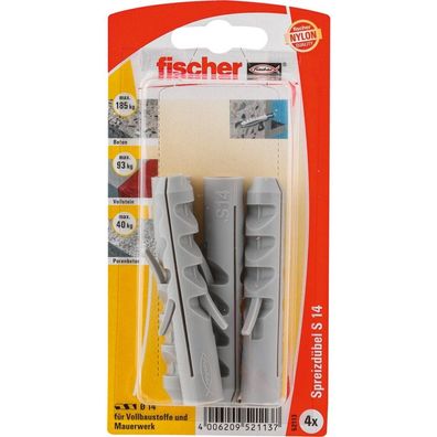 fischer Spreizdübel Dübel S 14 K (grau, 4 Stück)