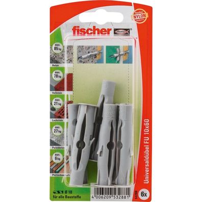 fischer Universaldübel FU 10x60 K (grau, 6 Stück)