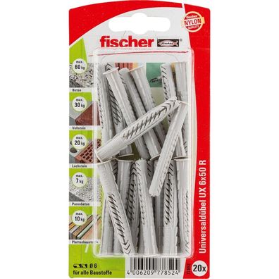 fischer Universaldübel UX 6x50 R K (hellgrau, 20 Stück)