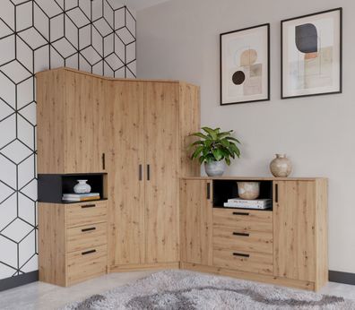 Schlafzimmer - Set | Eckkleiderschrank - Set N Fafe | 3-teilig | Farbe: Eiche Ar
