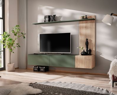 Wohnwand | Farbe: Eiche Hickory Jackson / Grün | Push-to-open Funktion | 180 x 4