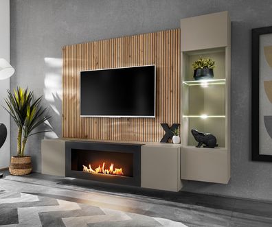 Wohnwand | Farbe: Clay Grau / Eiche Artisan | Push-to-open Funktion | Bio-Ethano