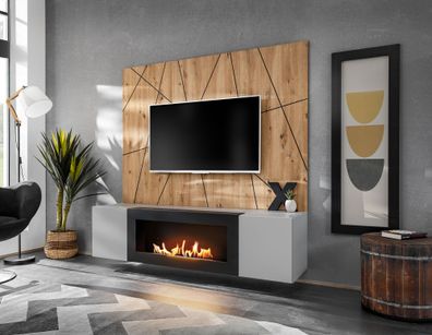 Wohnwand | Bio-Ethanol Kamin | Farbe: Perla Grau / Eiche Artisan | Push-to-open