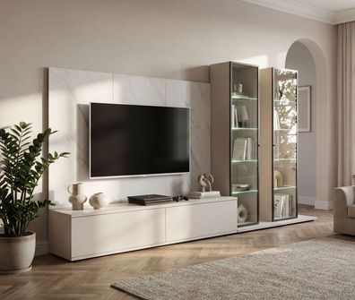Wohnwand | Kaschmir / Weißer Marmor | inkl. LED-Beleuchtung | Push-to-open Funkt