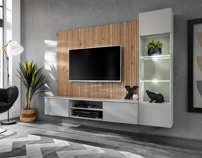 Wohnwand | Push-to-open Funktion | Farbe: Perla Grau / Eiche Artisan | inkl. LED