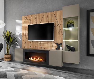 Wohnwand | inkl. LED-Beleuchtung | Farbe: Perla Grau / Eiche Artisan | Push-to-o