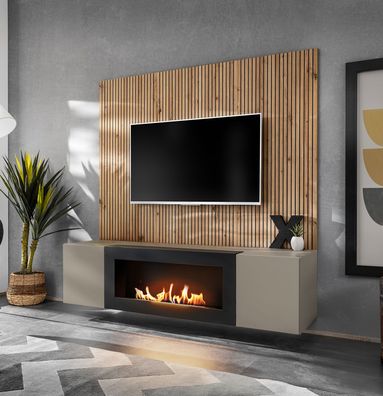 Wohnwand | Farbe: Clay Grau / Eiche Artisan | Bio-Ethanol Kamin | Push-to-open F