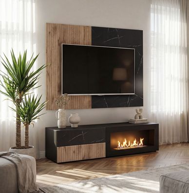 TV-Unterschrank inkl. Wandpaneel | Farbe: Eiche Vicking / Schwarzer Marmor | Bio