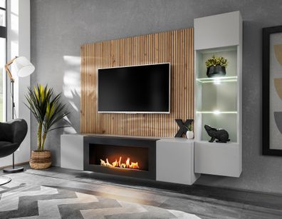 Wohnwand | Bio-Ethanol Kamin | Farbe: Perla Grau / Eiche Artisan | Push-to-open