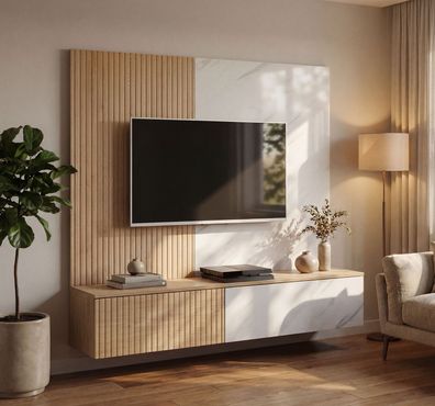 TV-Unterschrank inklusive Wandpaneel | Farbe: Eiche Graphite / Weißer Marmor | g