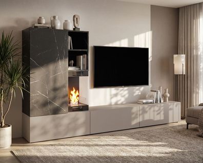 Wohnwand | Clay Grau / Schwarzer Marmor | inkl. Bio-Ethanol Kamin | Push-to-open