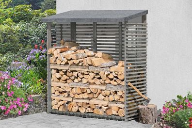 Kaminholzunterstand 03 mit Rückwand, Farbe: Grau - aus Kiefernholz - Abmessungen
