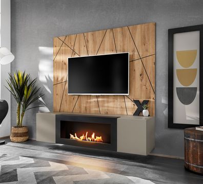 Wohnwand | Bio-Ethanol Kamin | Farbe: Clay Grau / Eiche Artisan | 160 x 40 x 158