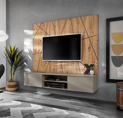 Wohnwand | Push-to-open Funktion | Farbe: Perla Grau / Eiche Artisan | 160 x 35