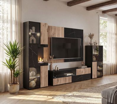 Wohnwand | Farbe: Eiche Vicking / Schwarzer Marmor | Bio-Ethanol Kamin | Push-to
