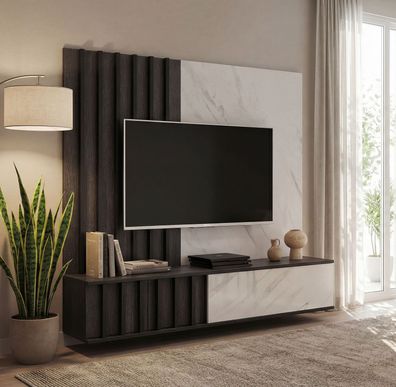 TV-Unterschrank inklusive Wandpaneel | Farbe: Eiche Graphite / Weißer Marmor | g