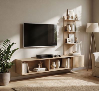 Wohnwand | Farbe: Eiche Cremona | geriffelte Front | Push-to-open Funktion | hoc