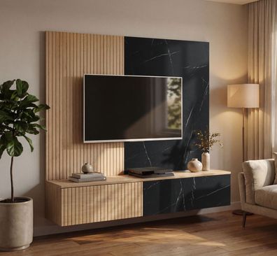 TV-Unterschrank inklusive Wandpaneel | Farbe: Eiche Cremona / Schwarzer Marmor |
