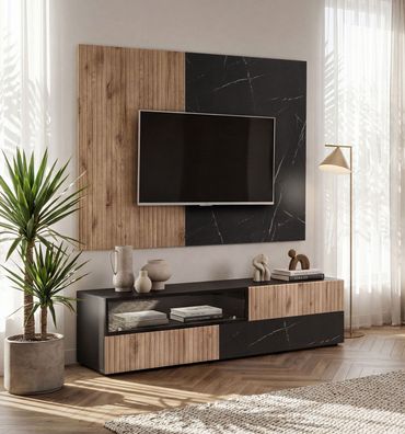 TV-Unterschrank inkl. Wandpaneel | Farbe: Eiche Vicking / Schwarzer Marmor | ger