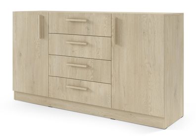 Kommode | Farbe: Eiche Cremona | 156 x 40 x 85 cm | 2 Türen | 4 Schubladen | ABS